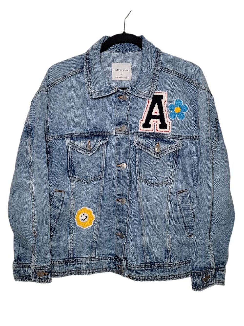 Celebrity Pink Oversized Patchwork Denim Jacket Distressed Womens Small Retro